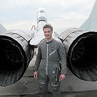 Quentin wore a partial pressure suit for his climb nearly 70,000 feet high in the MiG-29. He completed his MiG flight at the Nizhny Novgorod Aircraft Plant in Russia.