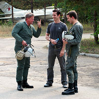 Sokol Test Pilot Andrey Pechionkin talks to Jeff and Petru before their MiG-29 flights. All of our Russian pilots speak English.