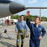 Sokol Test Pilot Yuri Polyakov takes Jeff along on his pre-flight check of the MiG-29 Fulcrum. The Sokol pilots are great about answering questions about the plane.