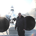 Bryan stands behind the MiG-29 on a sunny February day in Nizhny Novgorod.