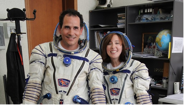 Greg and Rebecca in space suits at Star City Russia